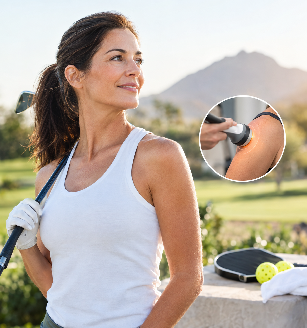 Active golfer and pickleball player receiving SoftWave shockwave therapy on her shoulder through the Olive Health Program